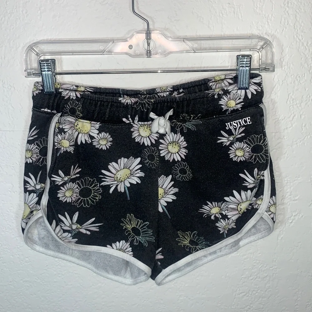 Justice Girls Black Daisy Print Dolphin Shorts Elastic Waist Size L (12/14)